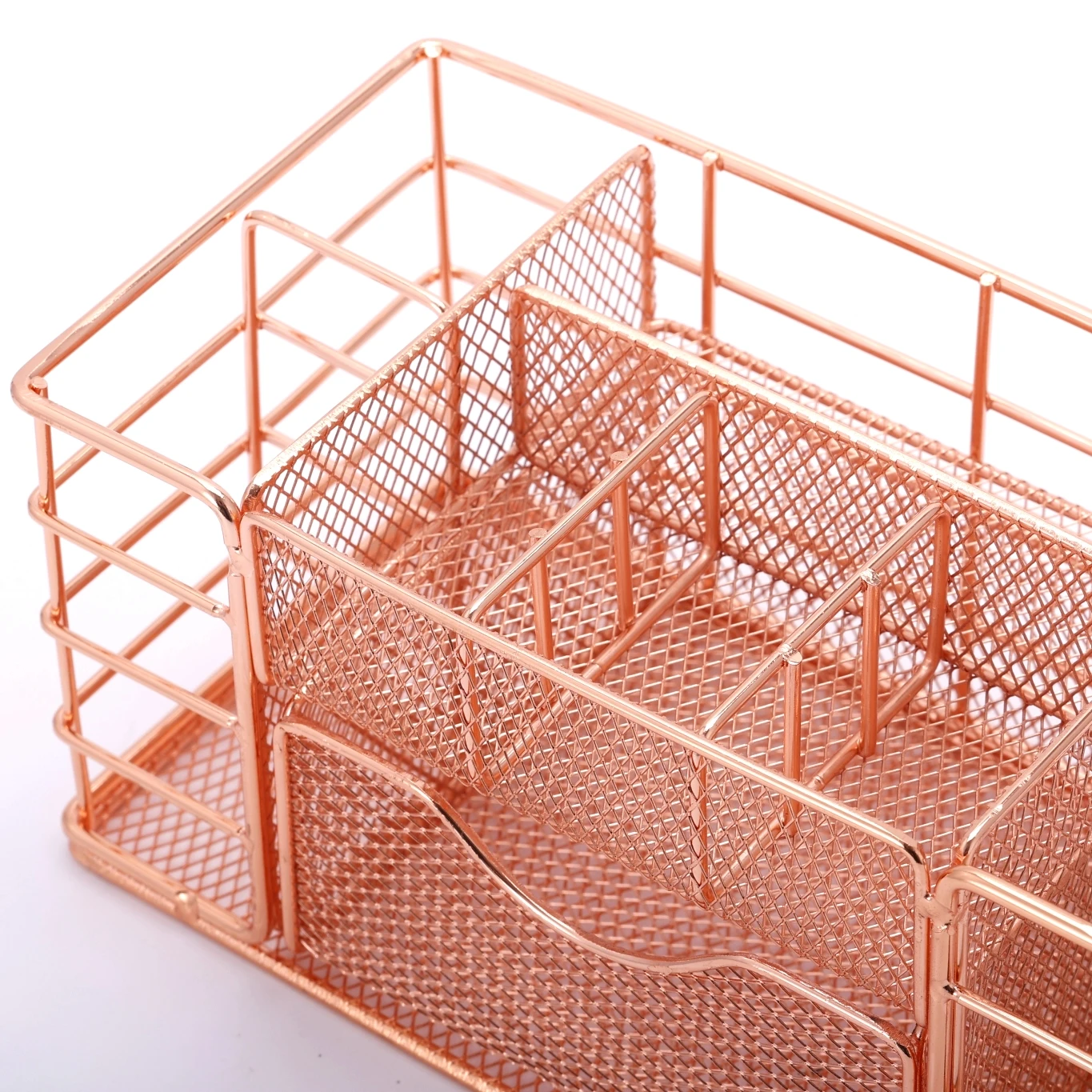 2023 Hot Sale Metal Wire Rose Gold Storage Basket Pen And Stamper Holder For Office Supplies