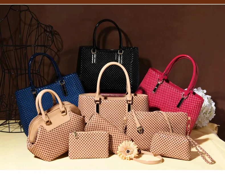 
Best selling shine Jacquard pattern PU women handbag 6 sets wholesale girls purses manufacturer ladies promotional set bags 