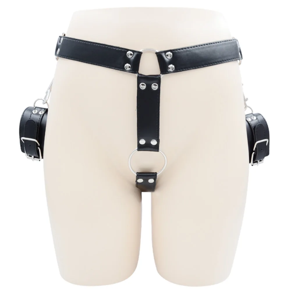 SM Adult Bondage Wearable Panties Strap with Handcuff Delay Cock Ring Leather Chastity Belt for Men