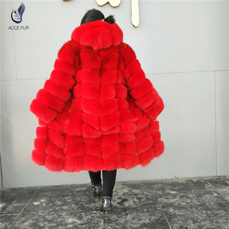 Hot Sell red color plus size long style clothes women winter animal fox fur coat girls with hood