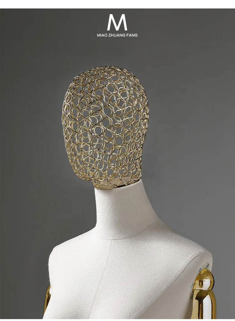 Window Display Fabric Covered Movable Mannequin Female Half Body Gold Arm Metal Wire Head Women Mannequins With Wooden Arm