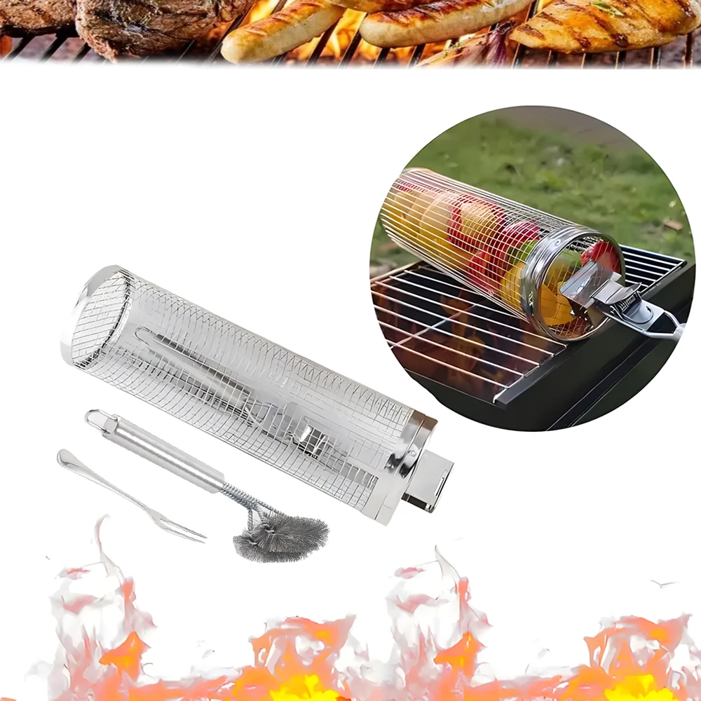 New barbecue grill mesh 304 stainless steel round rolling bbq grilling baskets with fork scraper