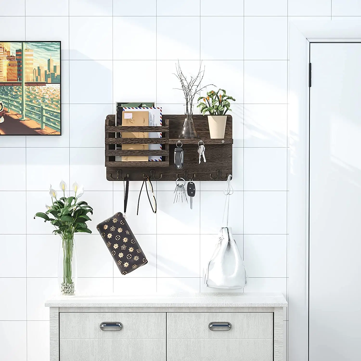 Key Holder for Wall with Magnet Hanging Rustic Wooden Mail Holder with Key Hooks Wall Mounted Key Hanger Organizer for Entryway,