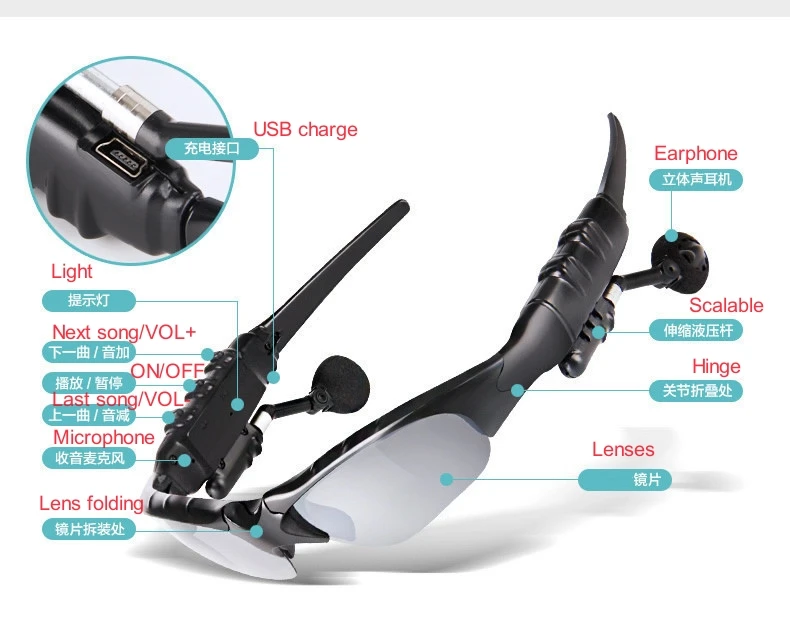 Bluetooth glasses headphones 4.1 stereo wireless sport cycling polarized sunglasses with color box case cleaning cloth set