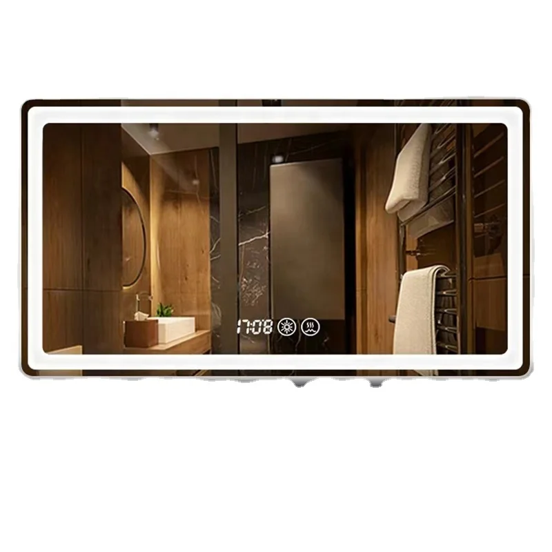 Hot Sale Hotel Luxury Glass Time Display Wall Mounted Lighted Bath Makeup Led Bathroom Smart Mirror