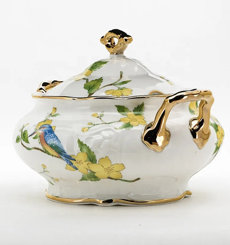 
Latest Design gold rim Ceramic Soup Tureen Bowl with lid 