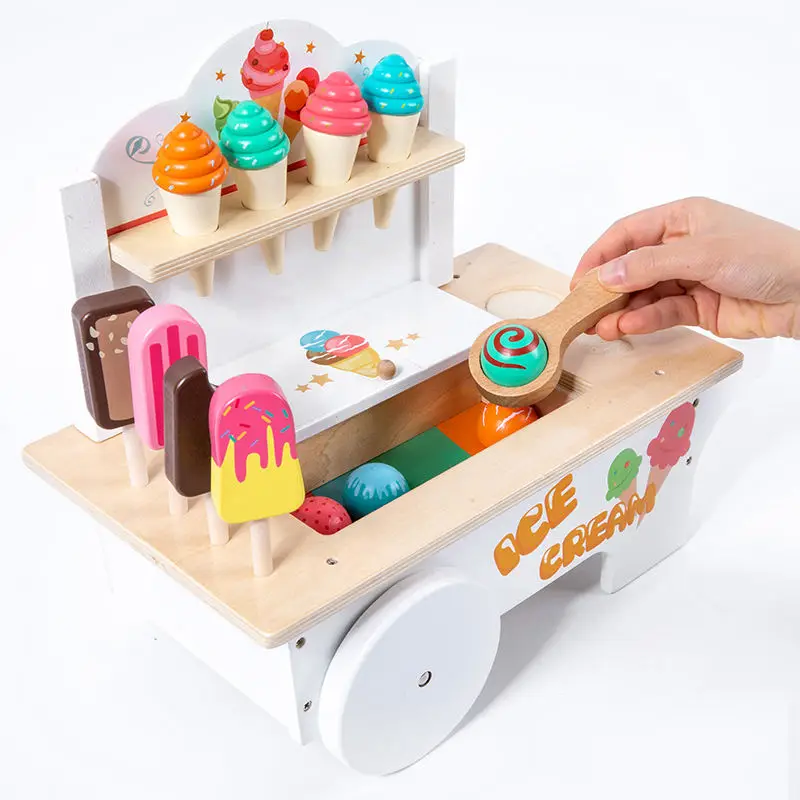 Simulation Ice Cream Truck Girl Shopping Cart Toy Supermarket Cart Wooden Toy ice cream cart