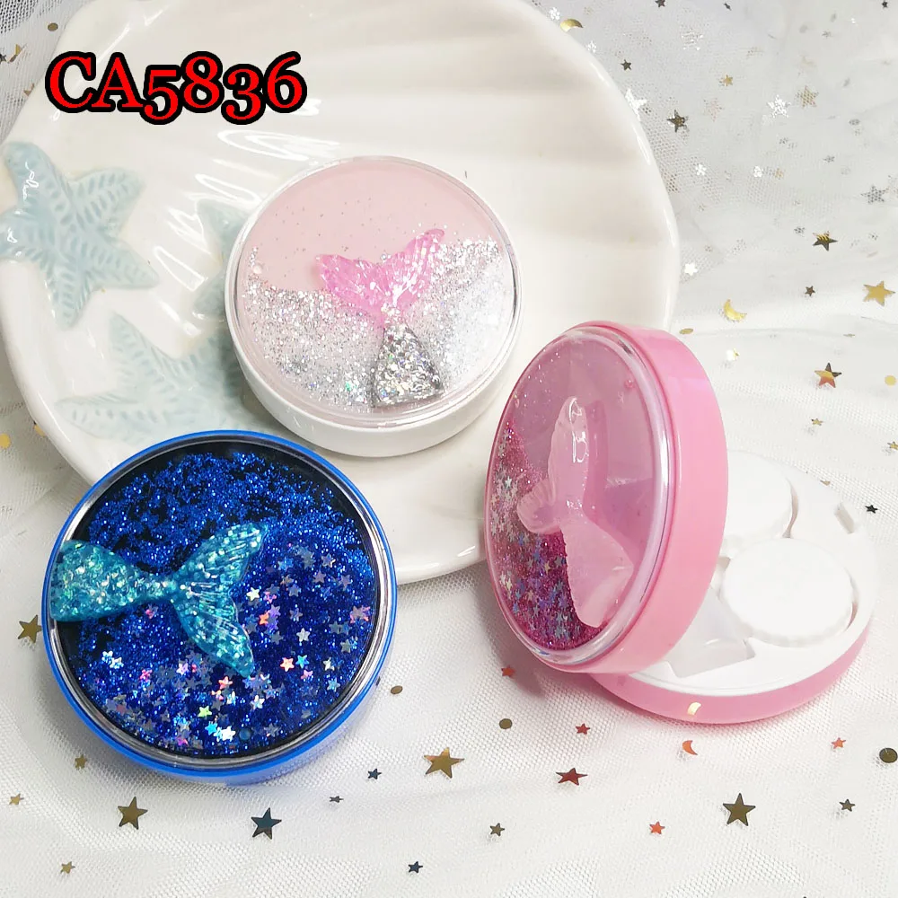 Glitter quicksand round contact lens case for eye glass Color mermaid tail travel kits CA5836