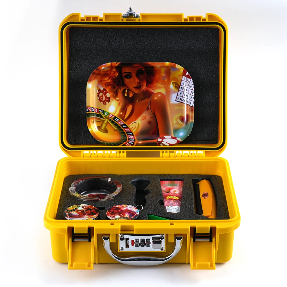 treasure chest smoking kit rolling tray zink alloy grinder roller glass ashtray jar tools smoking set with stickers