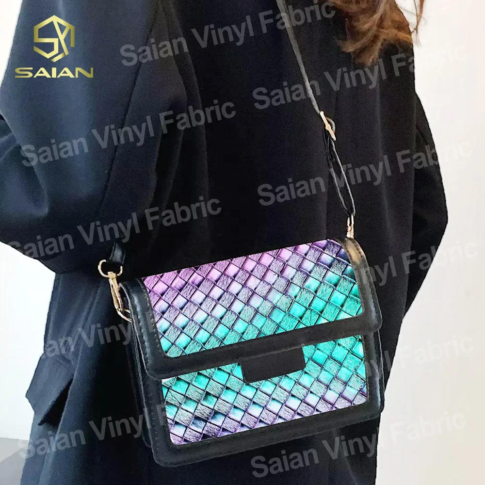 0.8MM Holographic Laser Rainbow Basket Woven Pattern PVC Artificial Synthetic Leather Rolls Fabric For Luggage Handbag Furniture