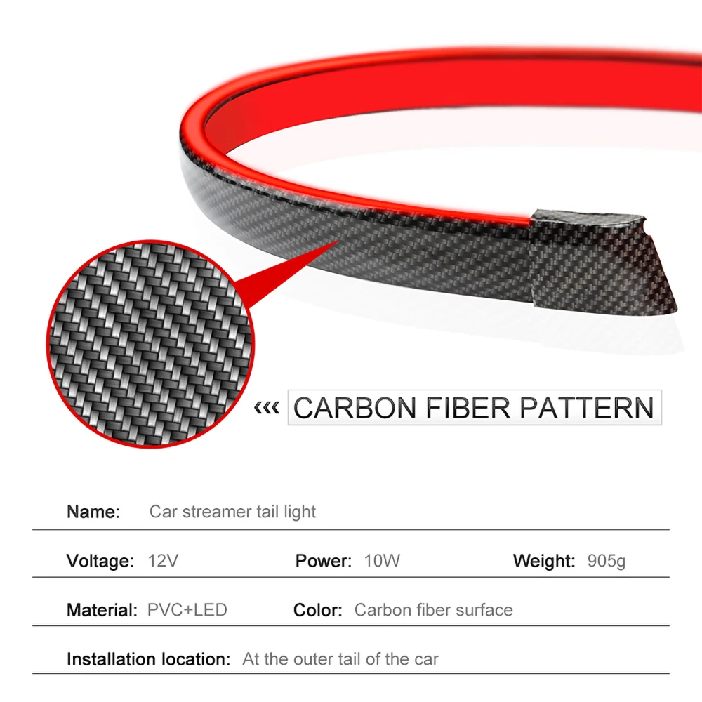 QEEDON Carbon Fiber 130cm 12V Car Spoiler  Car Auto Tail Wing Lips Led Warning Lights Trim Strip Rear Roof Splitter