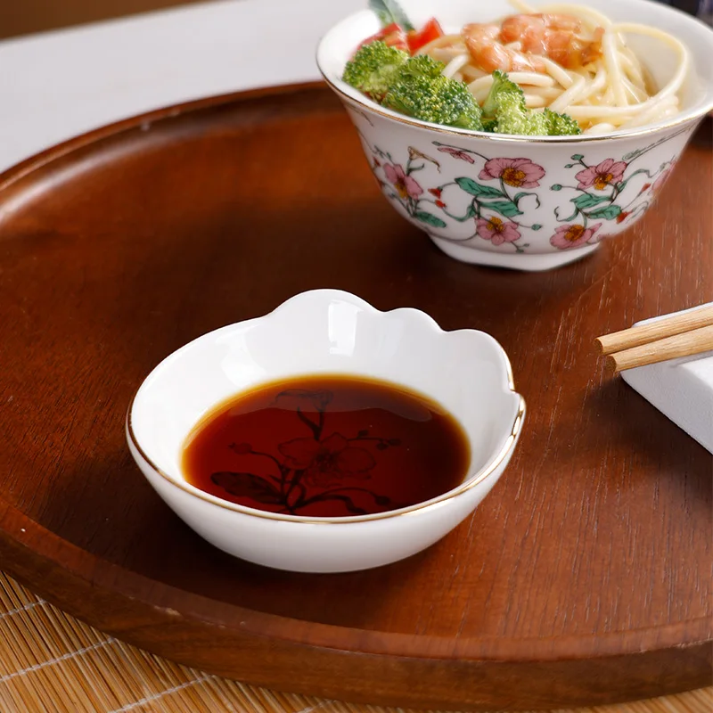 YST Ceramics Manufacturer Flower Decal Design Stoneware Ceramic Round Chip Sauce Dipping Bowl For BBQ and Party Dinner