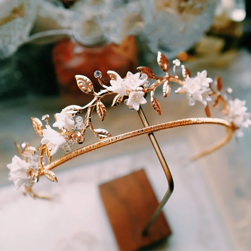Amelie Bridal Hair Crown Tiaras And Earring Set Porcelain Floral Jewelry Wedding Headpiece Hair Accessories Queen Princess Crown