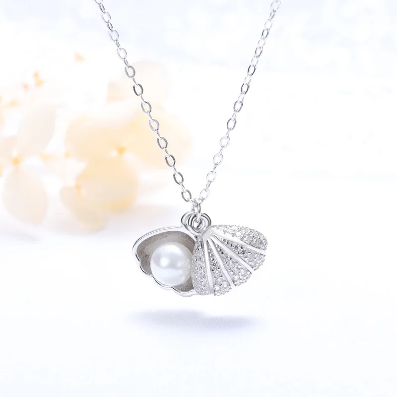 Fashion Rhodium Rose Gold Color Shell Pearl Pendant Luxury 925 Sterling Sliver Chain Necklace for Lady Shiny Diamond Necklaces