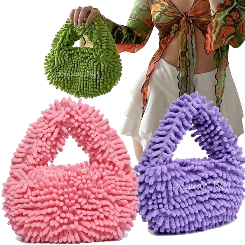 Personalized Minimalist Fuzzy Top Handle Mini Neon Pink Ruched Solid Fluffy hobo Satchel Bag purse handbag for lady women girl