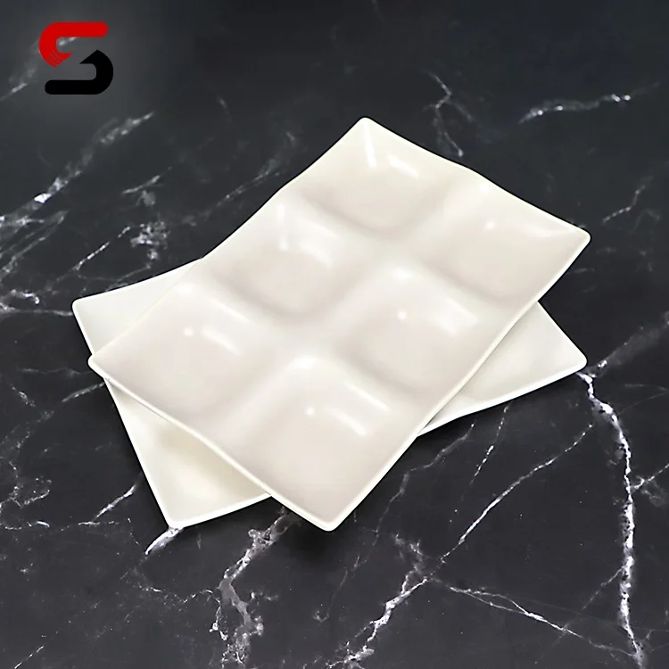 Matt 6 Compartment Divided Food Plate Rectangle Ceramic Plates Dinner Serving Tray For Hotel Restaurant