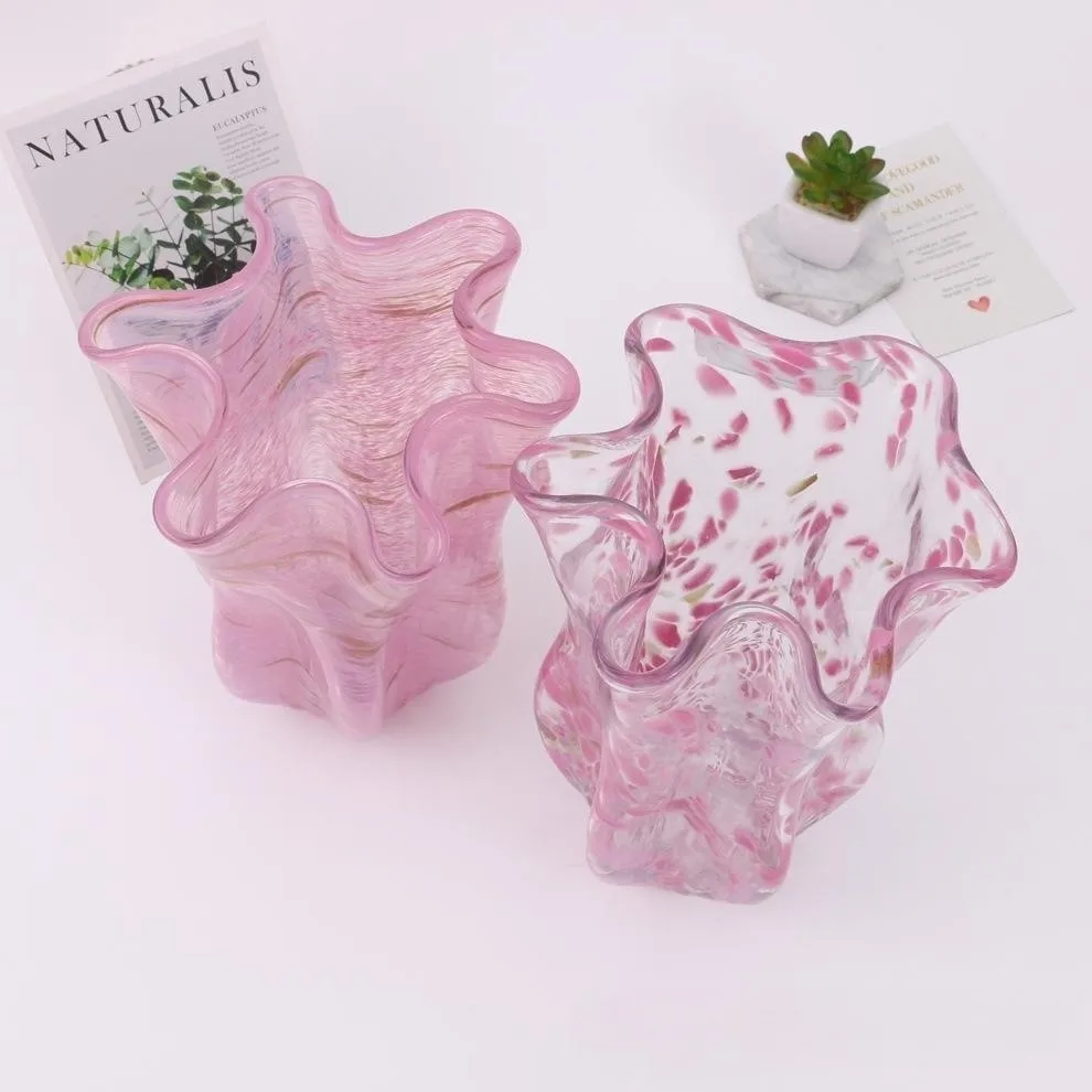 Modern hand blown Home Hotel tabletop decor handmade cherry pink gold pink colored glaze Murano art flower arrange glass vase