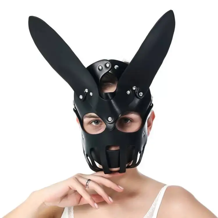 Sexy Black Leather Bondage  Adult Sex Foreplay Full Face Party Rabbit Ears Mask