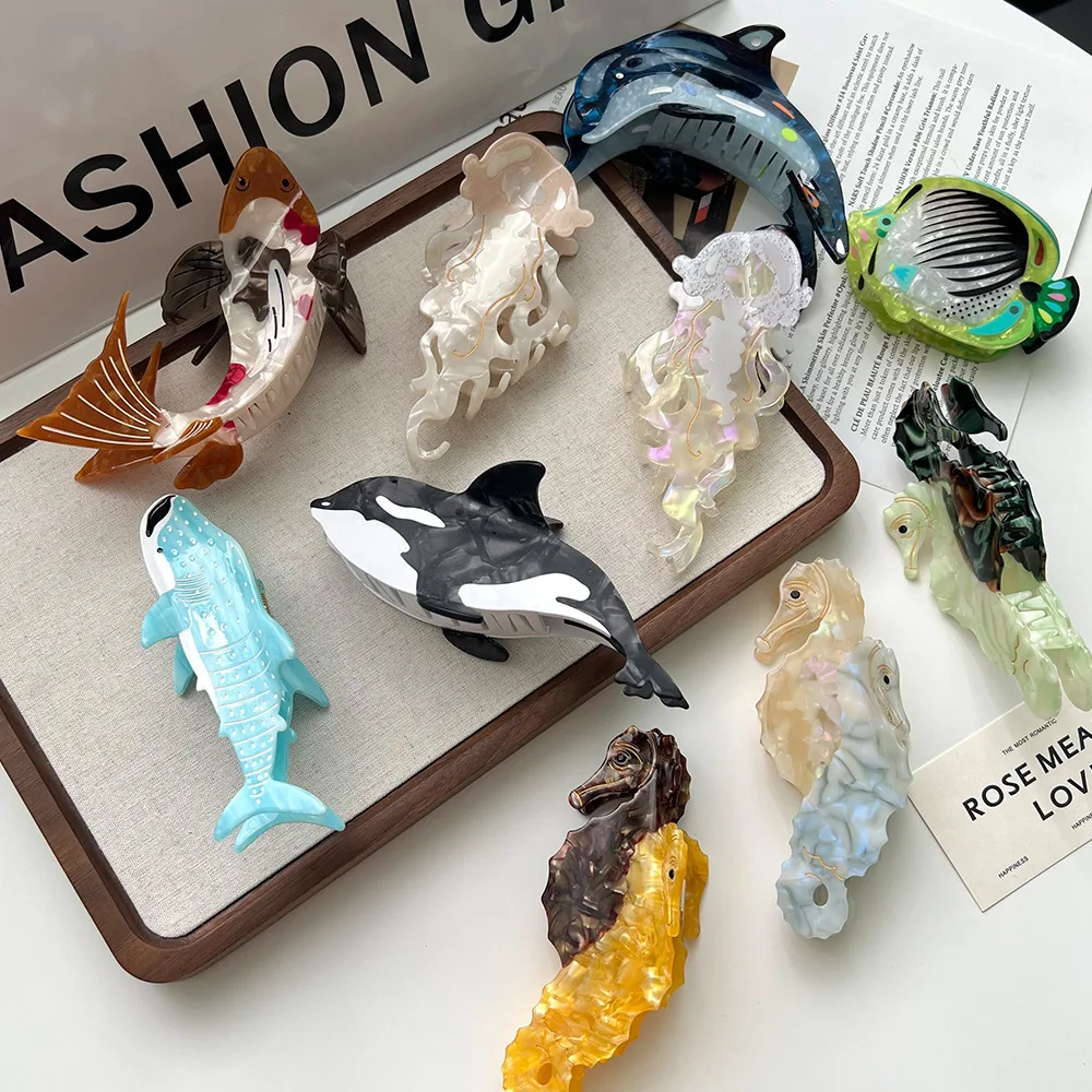 Ocean Sea Animal Clips Fish Acetate Hair Claw Clip Jellyfish Dolphin Seahorse Hair Clip Fun Hair Accessories Ocean Lovers Gift