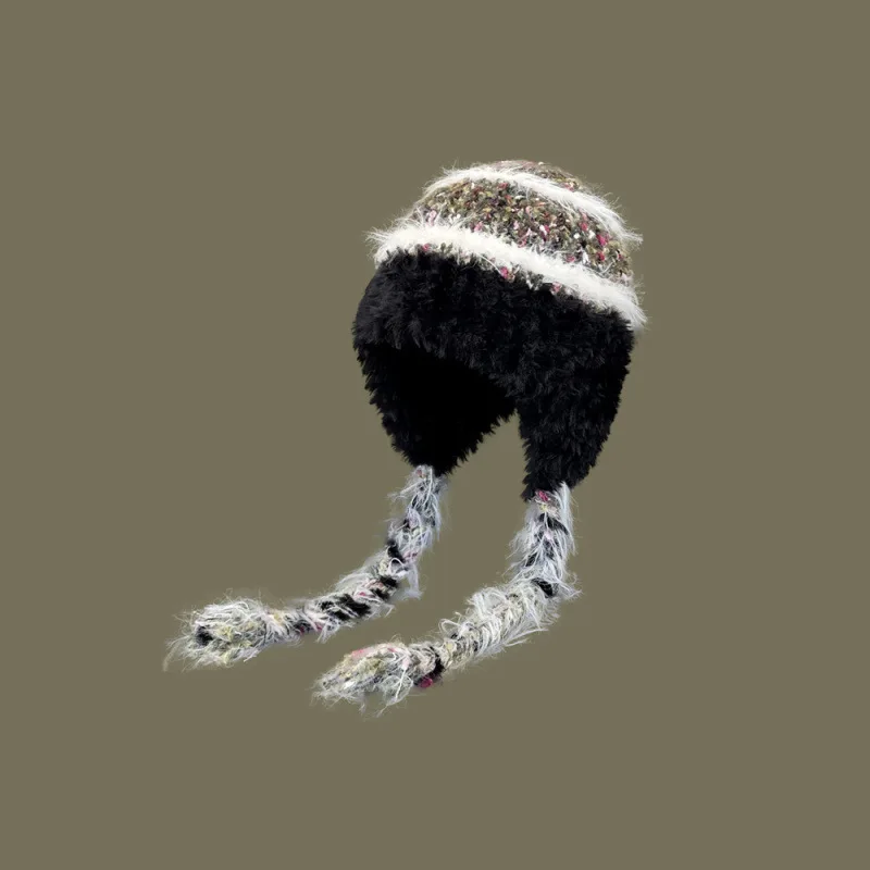 Autumn and Winter Striped Spliced Woolen Hat Wool and Thick Warm Ear-Protection Headband Lei Feng Knitted Hat