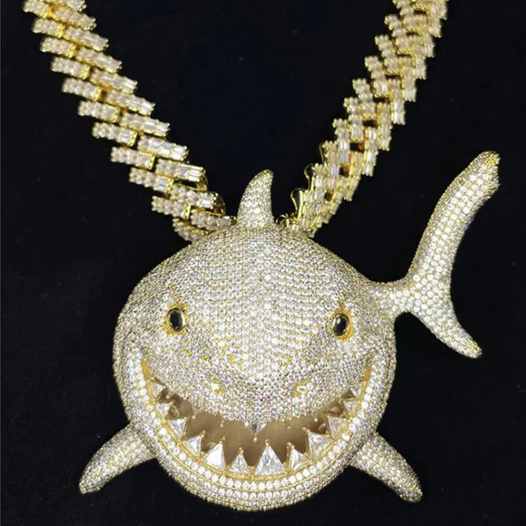 Hip Hop White Gold 925 Sterling Silver Big Shark Iced Out Diamond Pendant Custom Zircon Moissanite Pendant