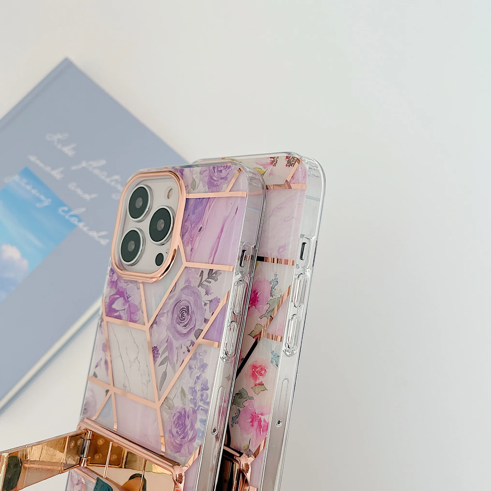 FashionWomen Phone Case IMD Printed Mobile  Cover for iPhone 13 Marble Electroplated Phone Accessories with standing function