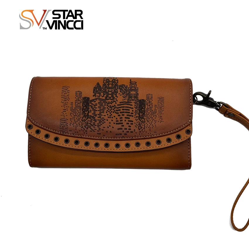 High Quality Retro Genuine Leather Wallet Unisex Long Handheld Sling Wallet Rivet Design Card Holder Bag