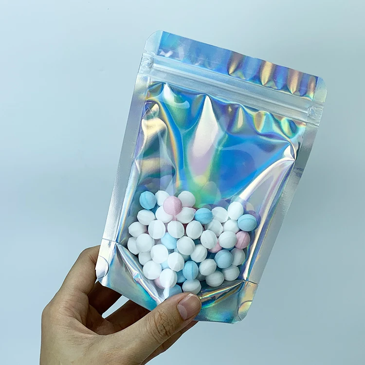 Holographic Mylar Ziplock Bags/ Aluminum Foil Hologram Food Pouch/ Stand up Zipper Reclosable Holographic Bag with Zip