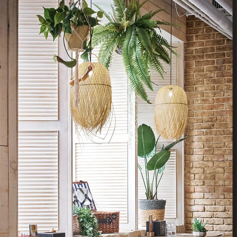 Indonsian rattan seagrass lamp shade bamboo cage wicker weaving ceiling chandelier pendant lighting from zhongshan factory