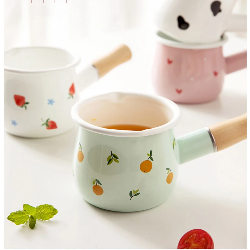 500ml Mini Enamel Coffee Milk Pot With Wooden Handle Saucepan Cookware For Baby Breakfast Oatmeal Cooking Gas Stove Induction