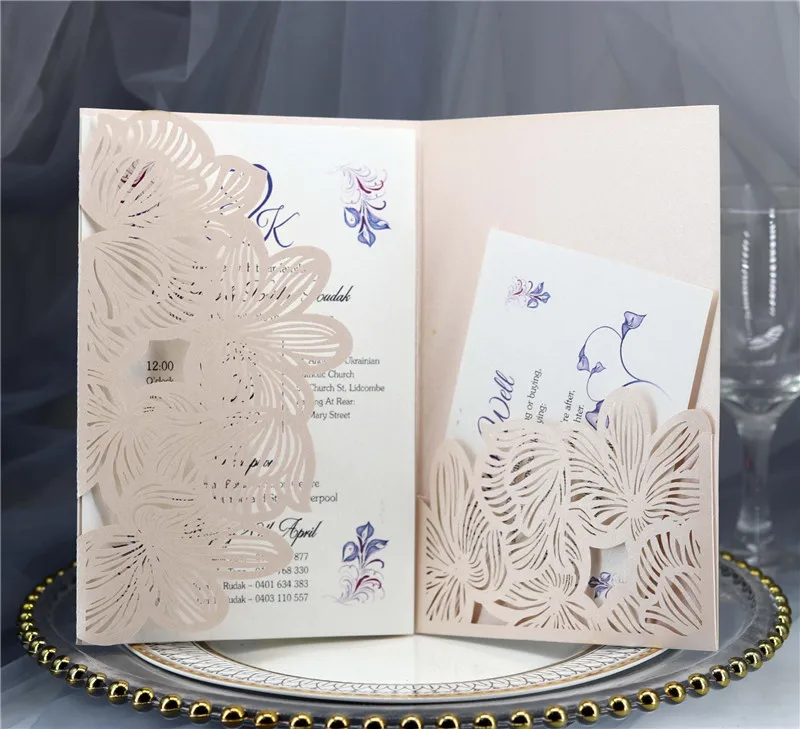 Black Trifold laser cut invitations Wedding Invitation Cards Pockets Laser Cut Flora Greeting Card for for Wedding Bridal Shower