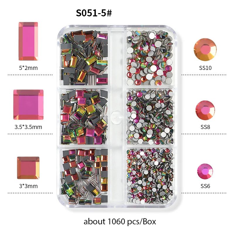 Wholesale 6 Grid Nail Rhinestones Kit 3D Round AB Crystals For Nails And Multi Shapes Glass Rhinestones And Nail Diamonds