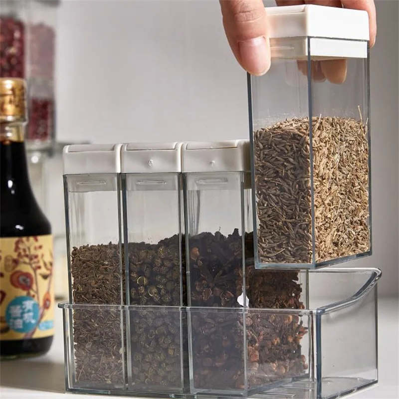 White Lid Seasoning Box and Ceramic/Plastic Spice Container Set for Salt Pepper Herb Storage with Shaker and Spoon Tool