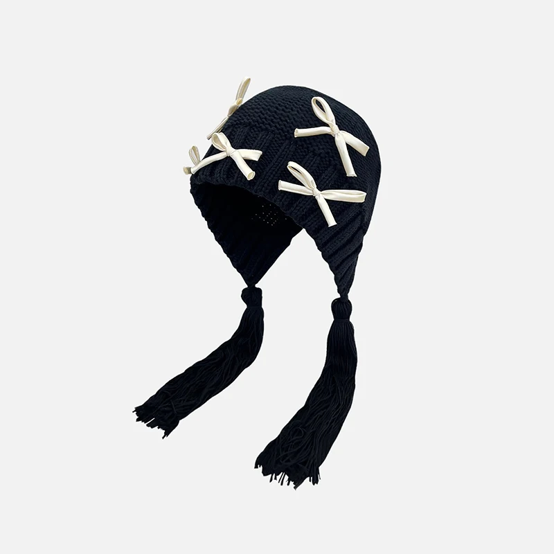 Custom Earflap Beanie Bow Tassel Knitted Hood Earflap Hats Winter Angora Knit Beanie Plush Hats