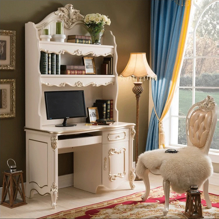 European style office furniture study desk high quality luxury wood classic office table with bookshelf
