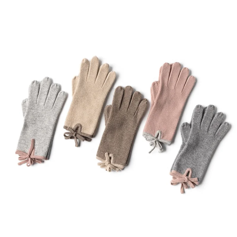 2021 new winter collection 100% cashmere finger mittens with color blocking belts