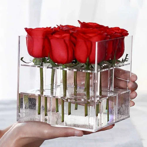 Luxury Clear Flower Acrylic Rose Box with Drawer Transparent Acryl Flower Box Round Crystal Acrylic Flower Box 9 Holes