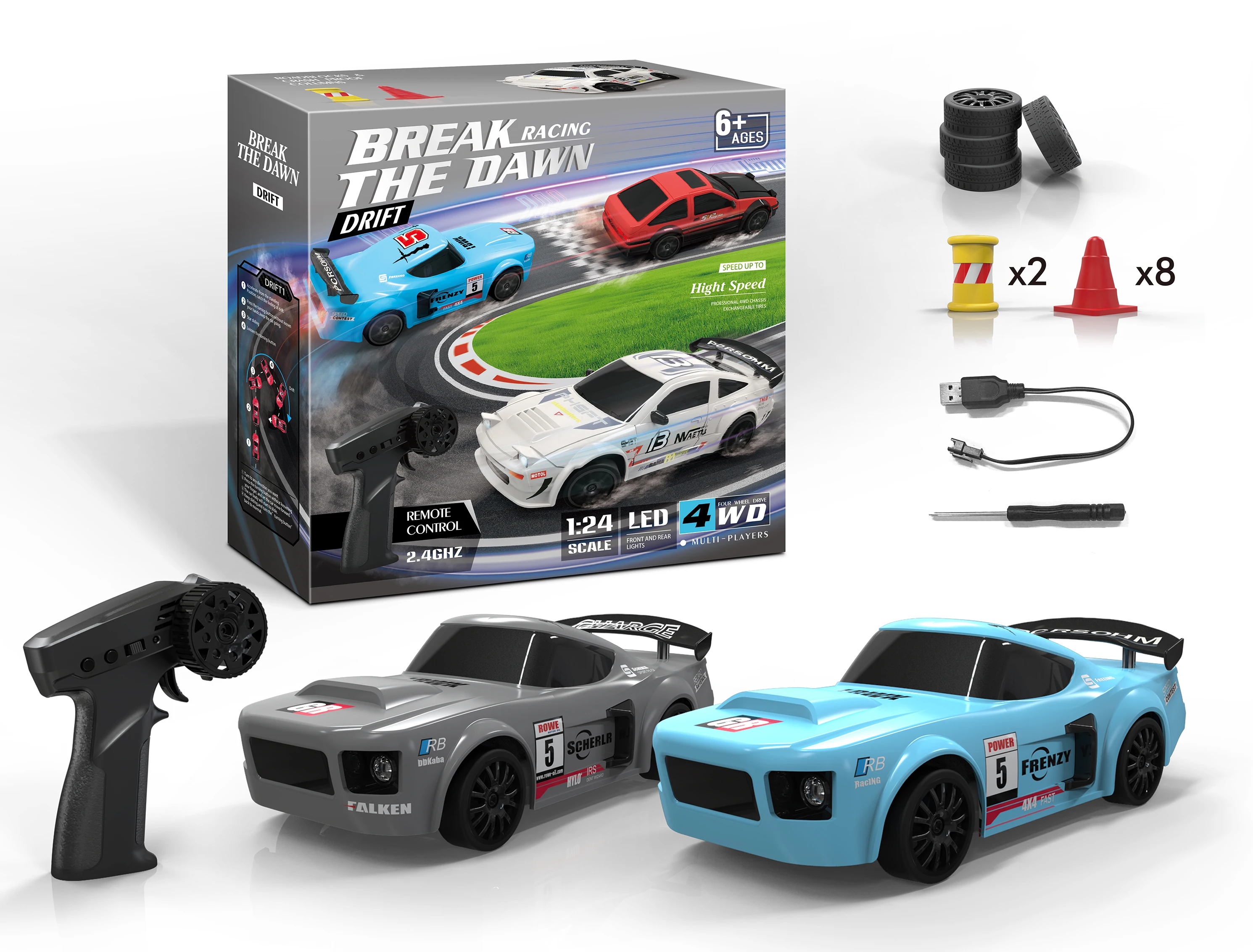 Remote Control Car 1/24 2.4GHz 4WD RC Drift Car, Rechargeable High Speed RC Cars with Cool Lights for kids