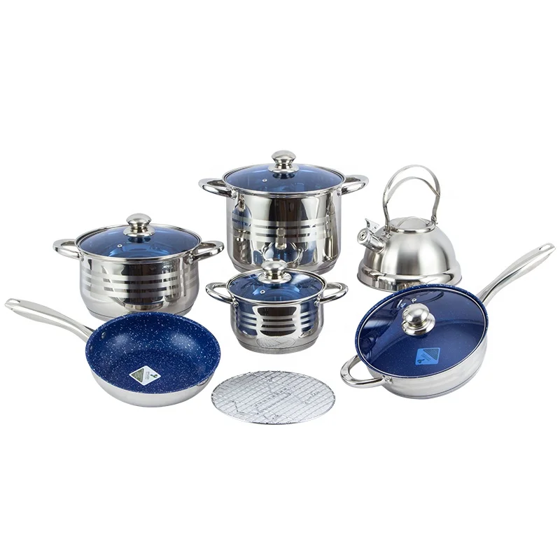 High quality stainless steel kitchenware set 12 pcs casserole cookware fry pan cooking sets with whistling kettle