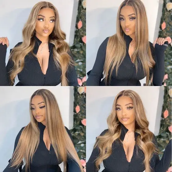 Highlight honey brown color human hair lace front wigs Highlight bone straight Virgin Human Hair HD Lace Front Wig