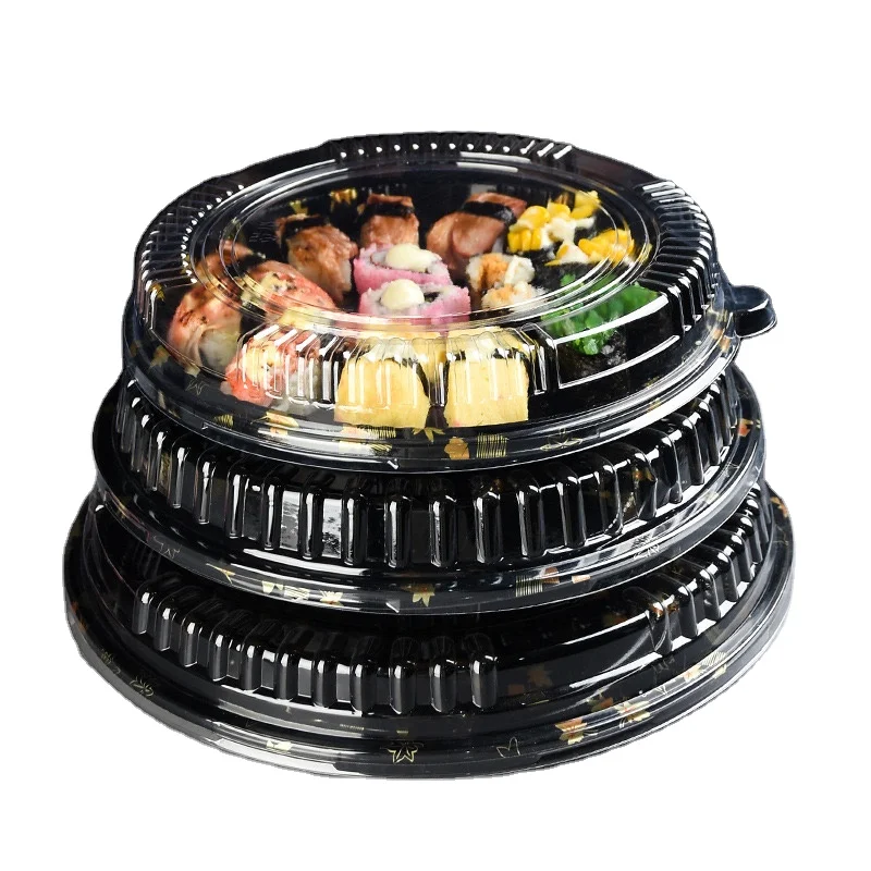 Customized Printed Catering Retail Foldable Compartment Disposable Box Delivery Plastic Round Fast Food Sushi Tray Packaging