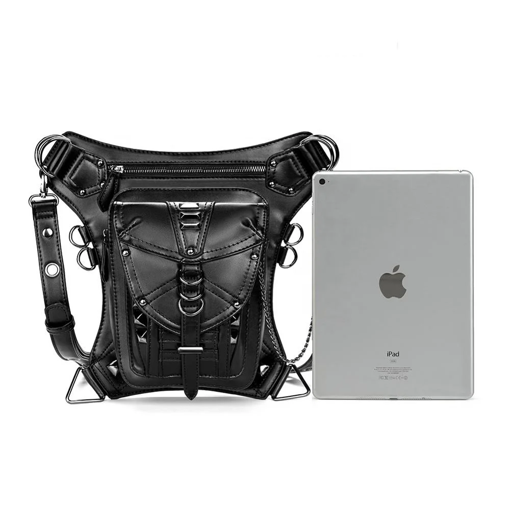 Steampunk Retro Shoulder Bag black Gothic Leather Backpack Women Motorcycling Waist Leg Bag