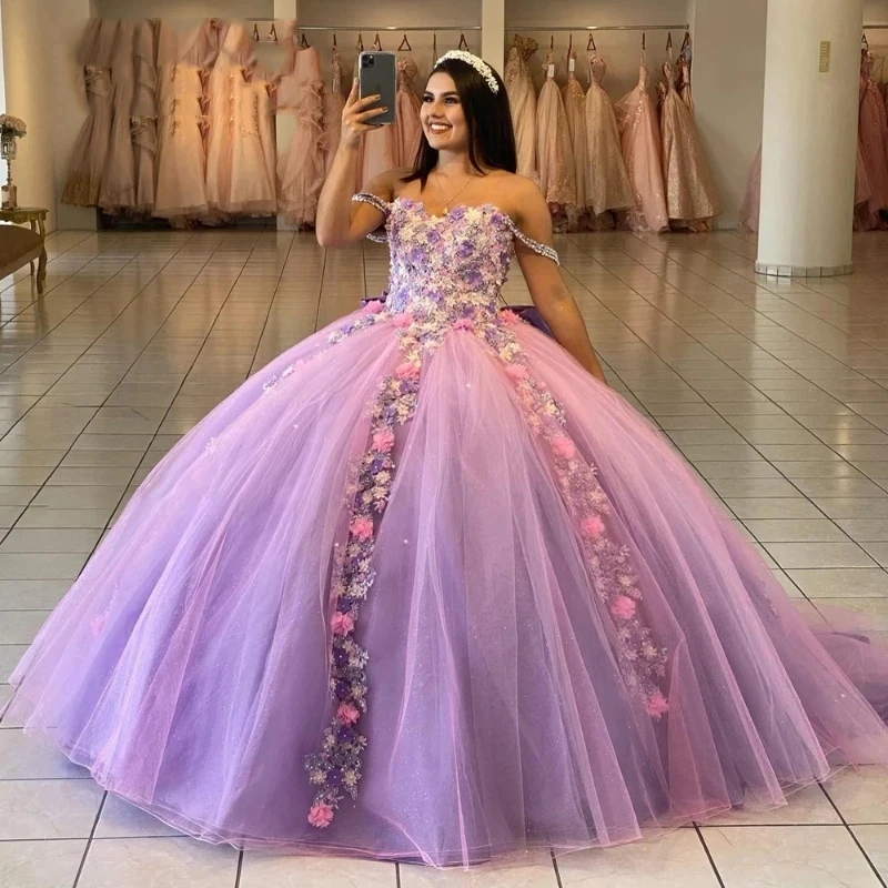 Mumuleo Luxury Lilac 16 Quinceanera Dresses for Girls Applique Off the Shoulder Flowers Vestidos 15 De Noche Lujo Made