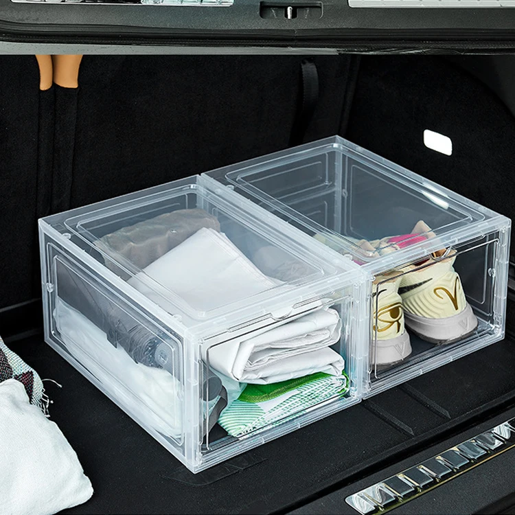 In Stock Stackable Sturdy Durable Plastic Shoe Organizer Simple Assemble Shoe Display Box with Magnetic Door