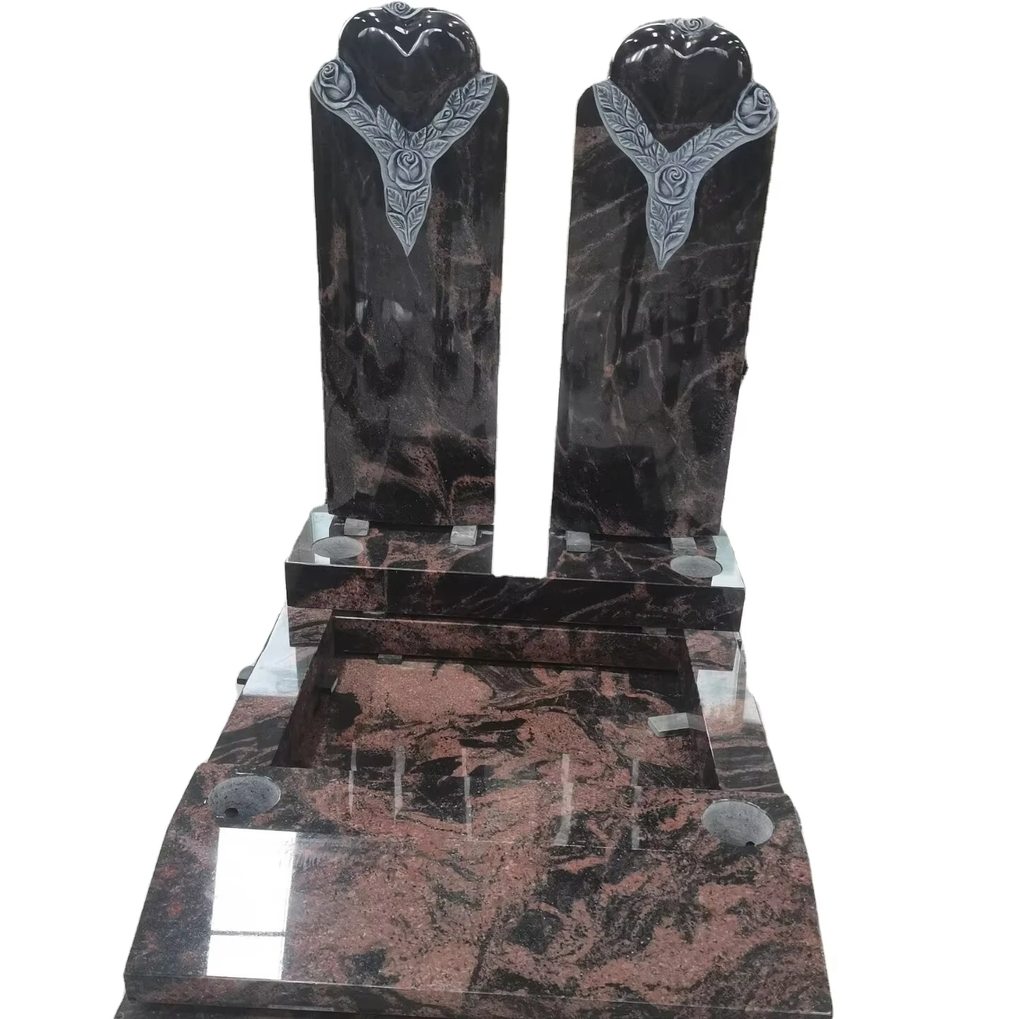 Good Price Unique Red Aurora Granite Memorial Tombstone Monuments Double Headstone with roses carving for 2 people