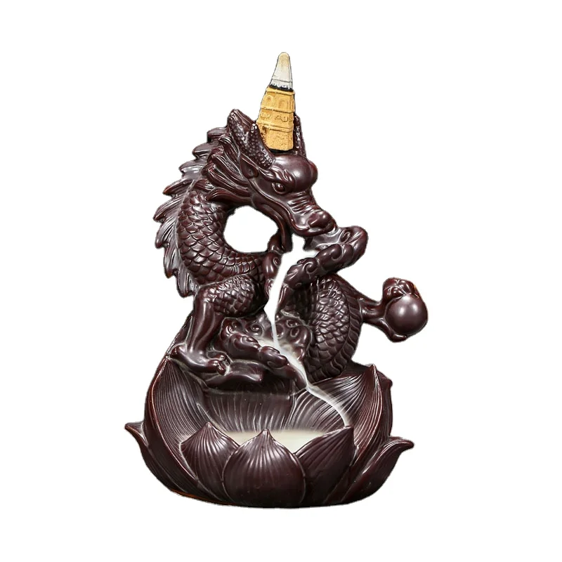 Ywbeyond Home Decor Dragon Lotus Ceramic Censer Waterfall Back flow Incense Burner Cone Incense Holder