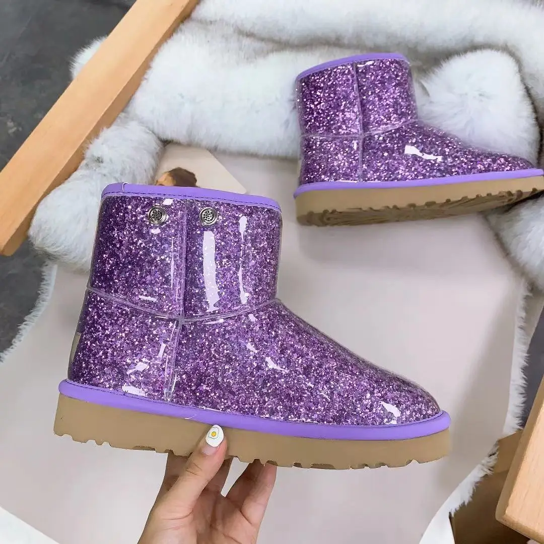 Женские зимние ботильоны со сверкающими блестками, подходящая шуба из искусственного меха, меховые Тапочки