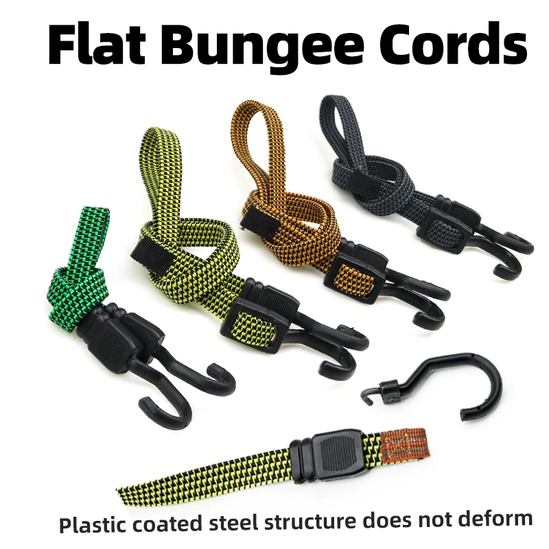 Motorcycle Accessories Cargo Strap Adjustable Fitness Flat Bungee Cord Strap with Plastic-Coated Metal Hooks