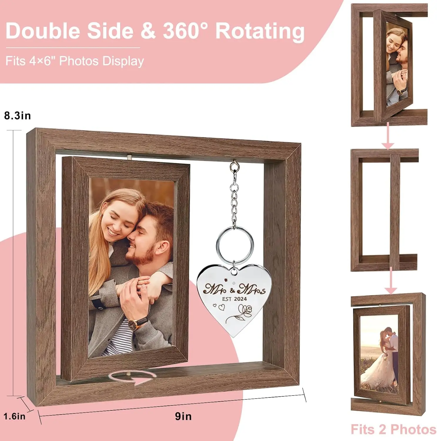Custom Wedding Gifts for Couples 2024 Rotating Rustic Picture Frame Engagement Gifts for Couples Bride