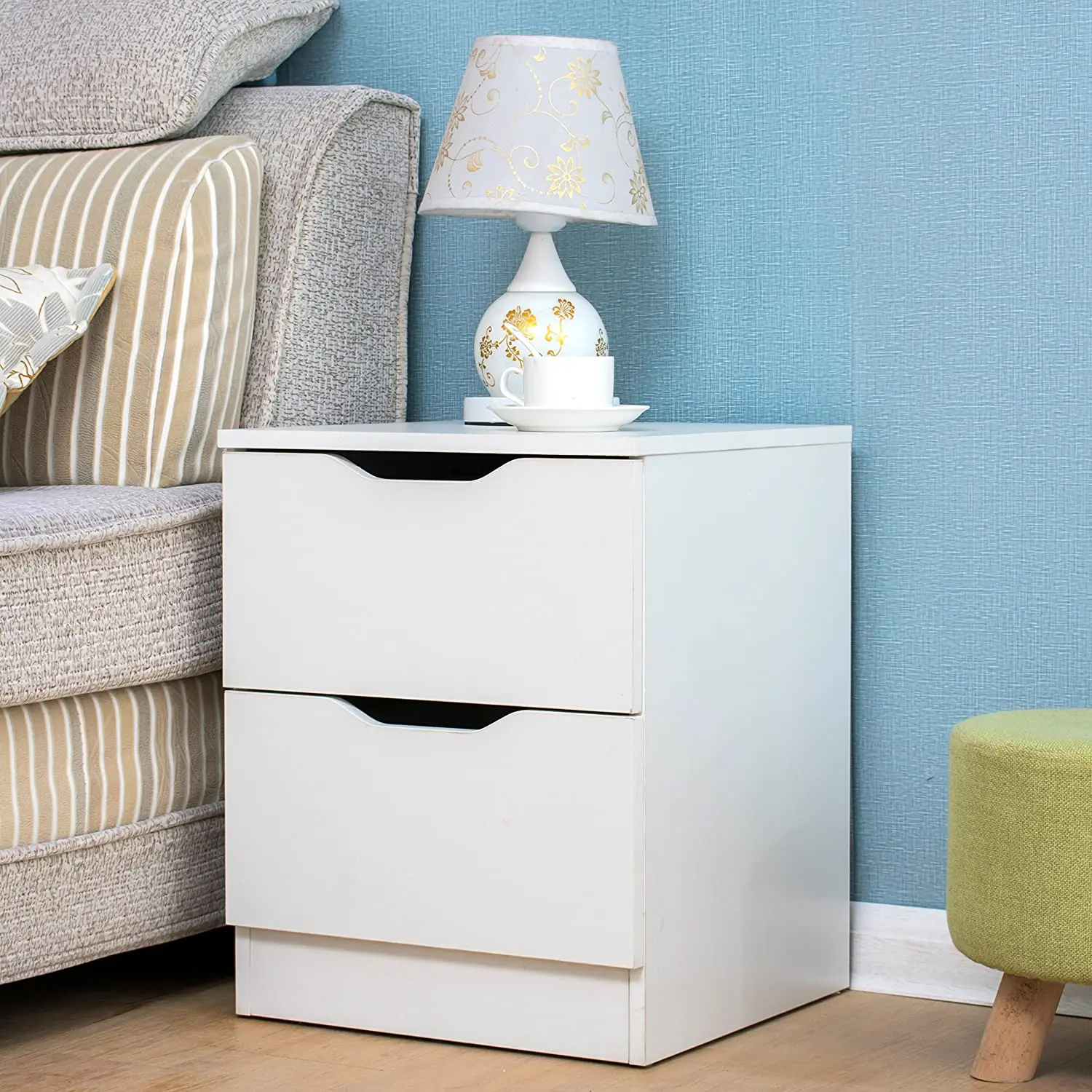 Home Wooden Furniture 2-Drawer White Wood Bedside Table Night Stand Cabinet Chest of 2 Drawers